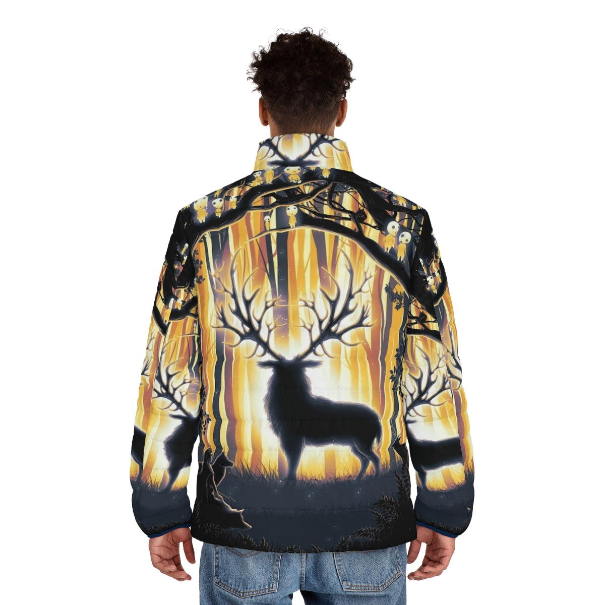 Deer God Master of the Forest Puffer Jacket with Minimalist Animal Silhouette Design - men back