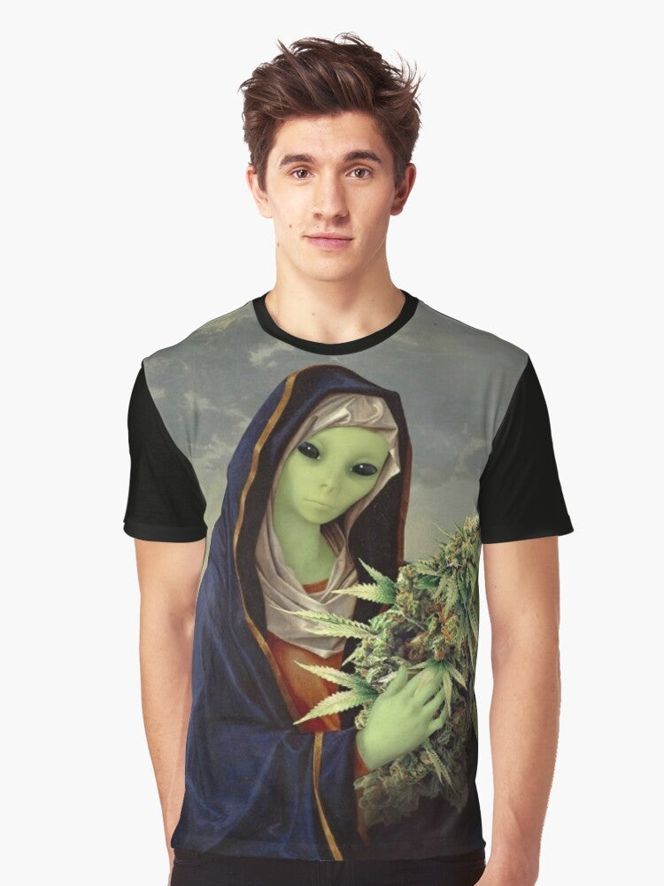 Mother Mary Jane graphic t-shirt with cannabis and marijuana leaf design - Men