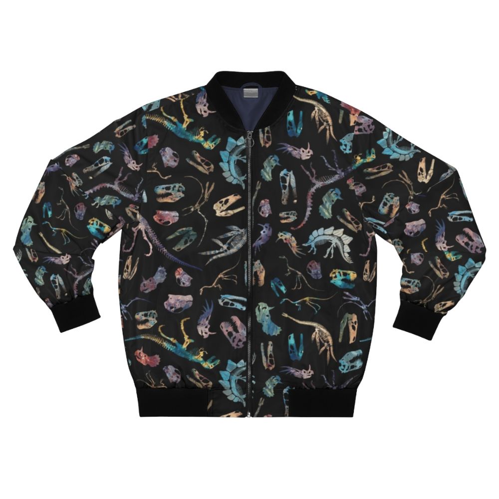 Dark bomber jacket with a dinosaur fossil and skeletal pattern design, perfect for science and paleontology enthusiasts.