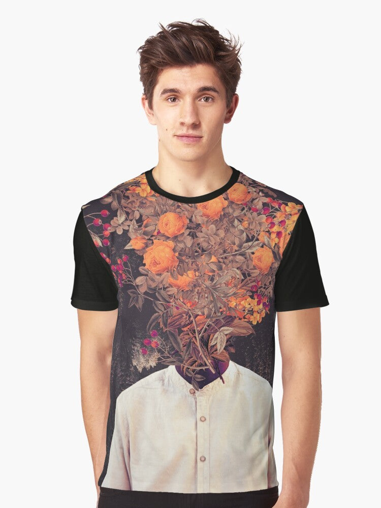 Vintage floral graphic design t-shirt featuring a collage of flowers, head, and classical painting elements - Men