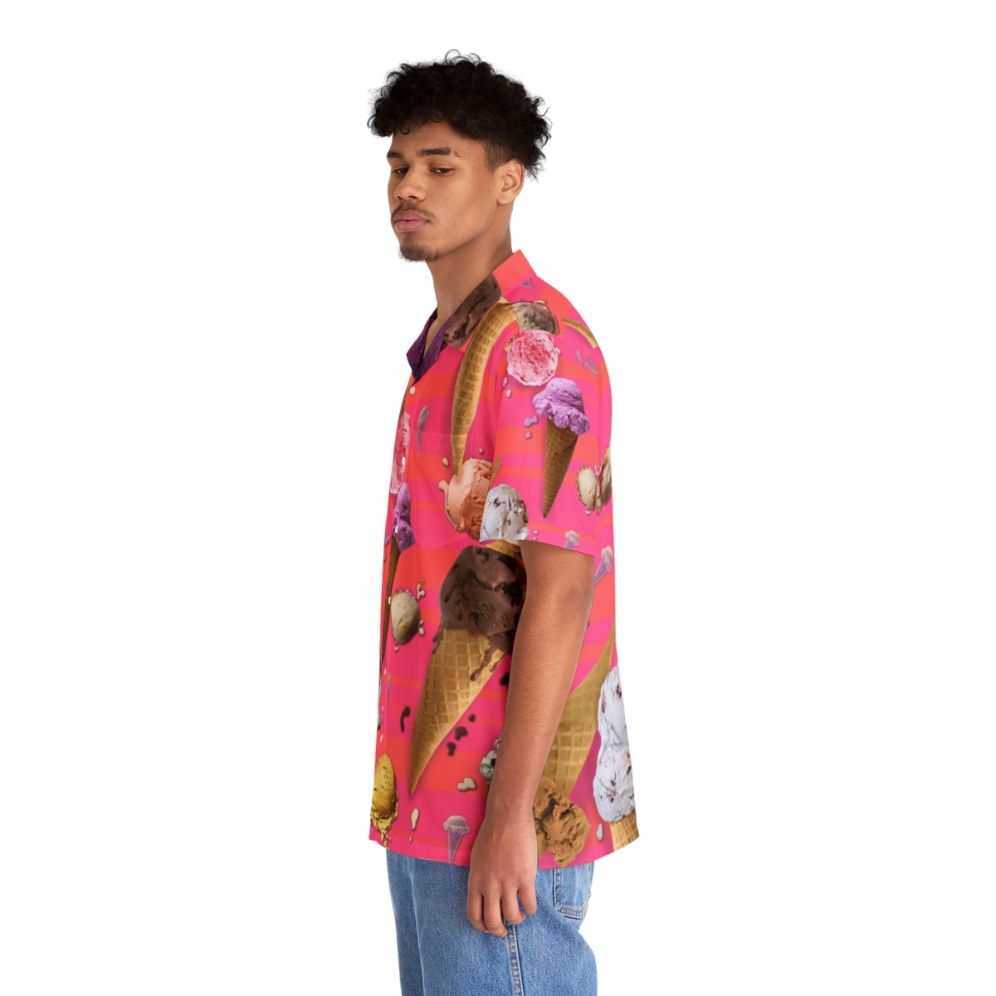 Colorful Hawaiian shirt featuring a repeating pattern of melting ice cream scoops and cones - People Left