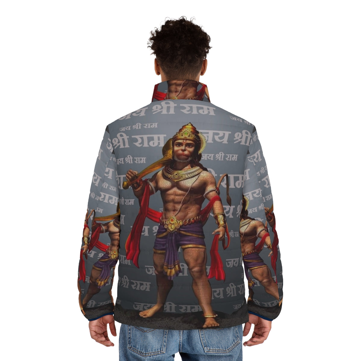 Lord Hanuman puffer jacket featuring the Hindu god and the phrase "Jai Sri Ram" - men back