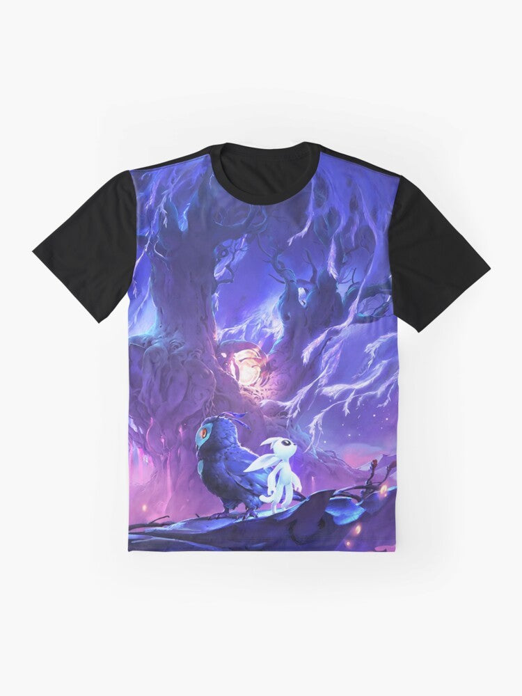 Ori, the main character from the video game Ori and the Will of the Wisps, featured on a white graphic t-shirt. - Flat lay