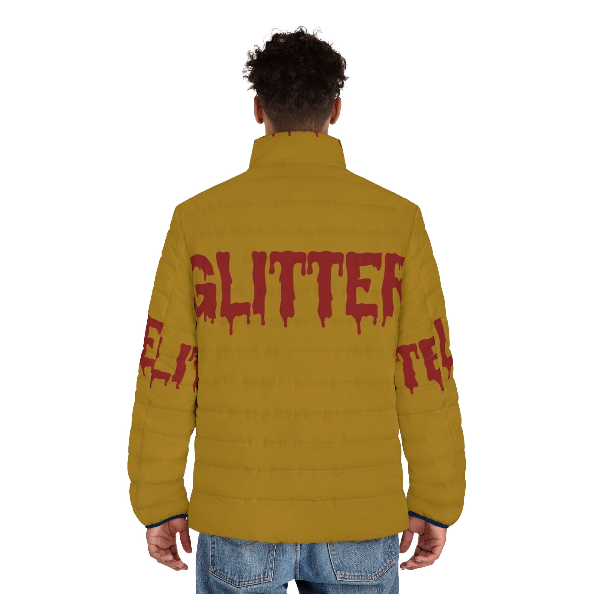 Glitter in Blood Typography Gothic Puffer Jacket with Bloody Splatter Design - men back