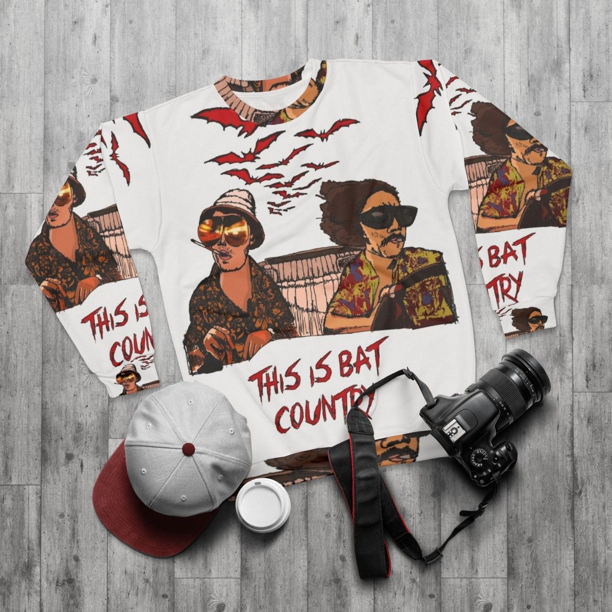 Bat Country Sweatshirt with Fear and Loathing in Las Vegas and Hunter S. Thompson inspired psychedelic design - flat lay