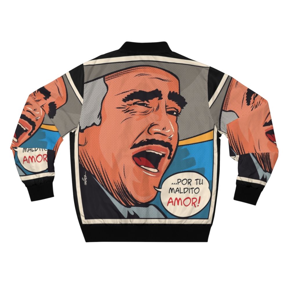 Vicente Fernandez, the iconic Mexican singer, wearing a bomber jacket with charro and mariachi design elements. - Back