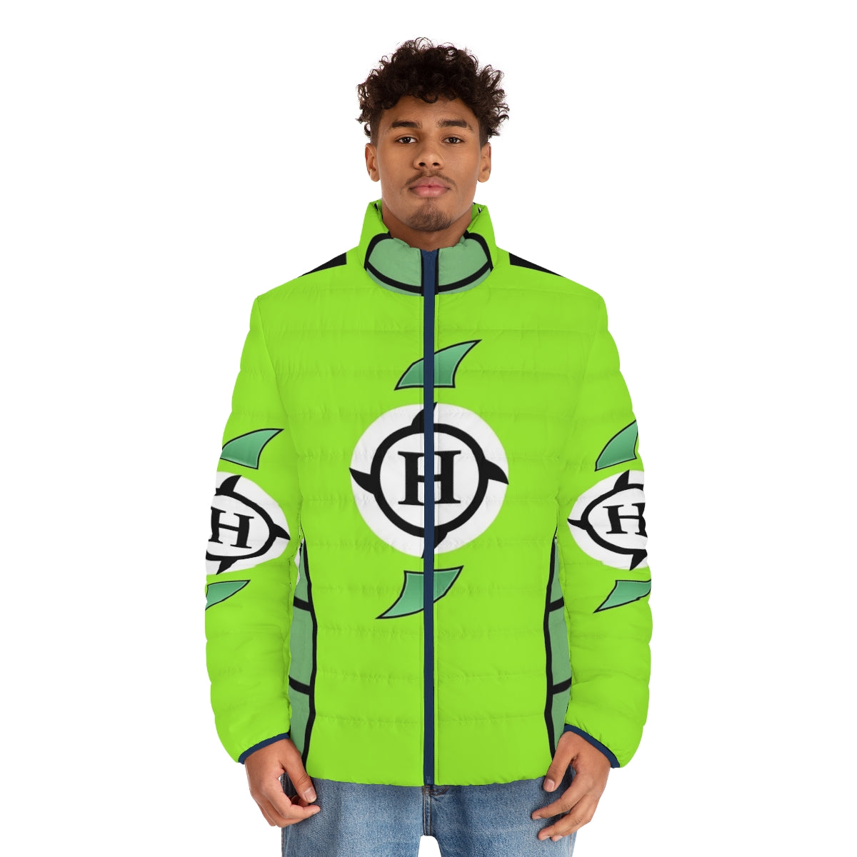 Hurricane Helms Puffer Jacket with wrestling superhero design - men front