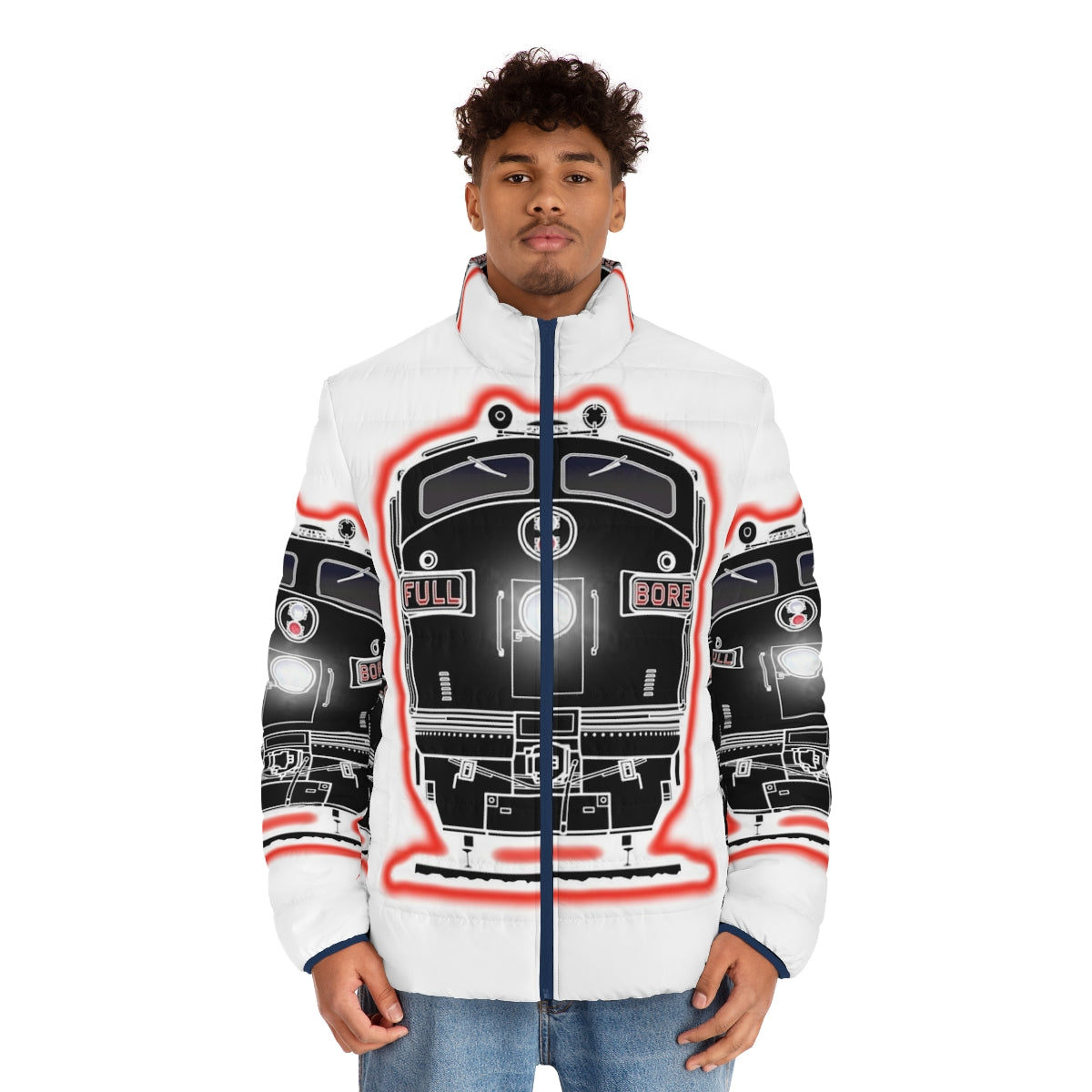 Diesel locomotive puffer jacket with railroad and train graphics - men front