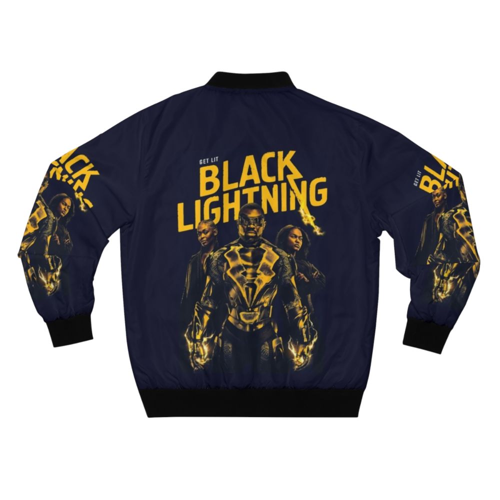 Black Lightning Bomber Jacket featuring Cress Williams, Nafessa Williams, and China Anne McClain - Back