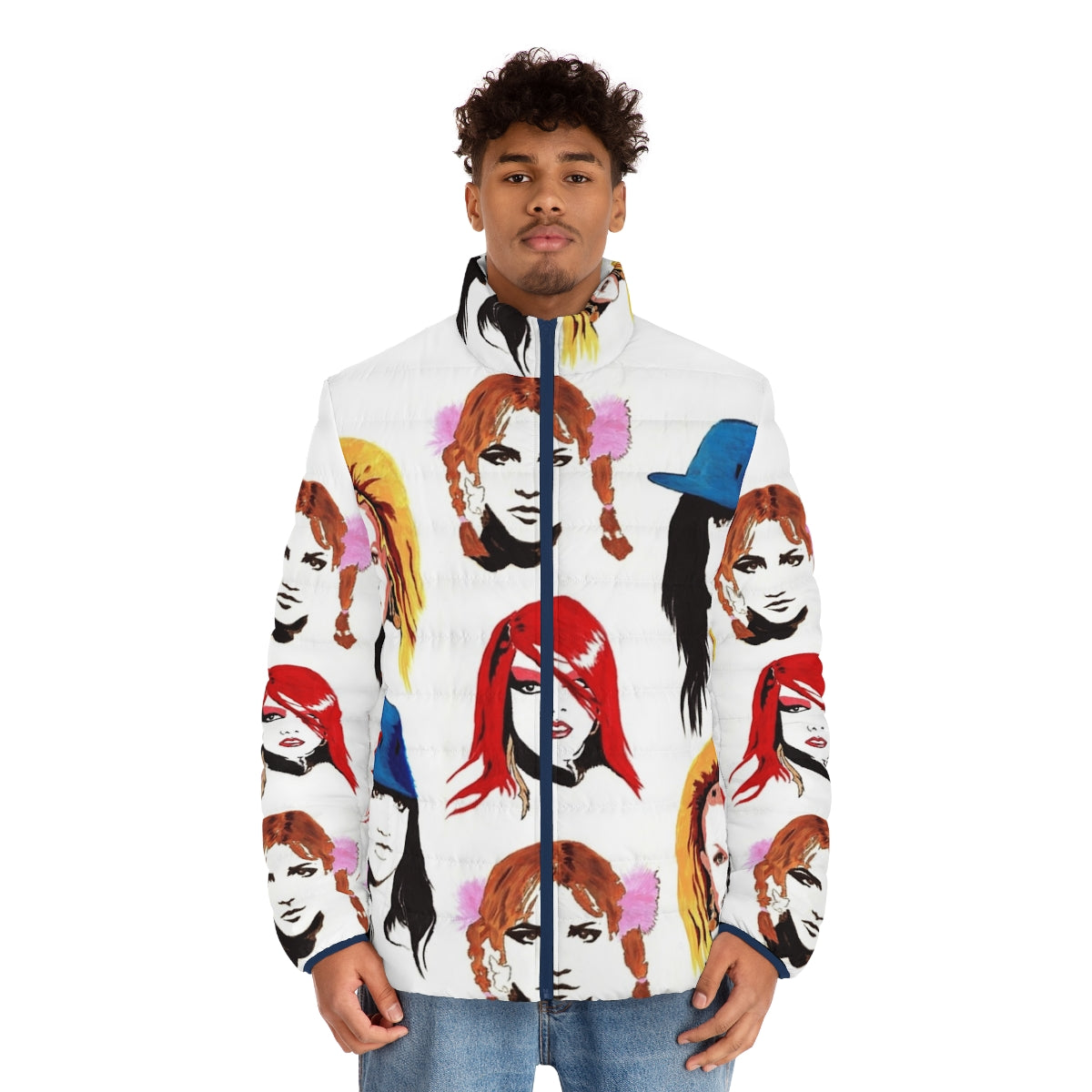 Vintage-inspired 90s puffer jacket with retro pop culture design - men front