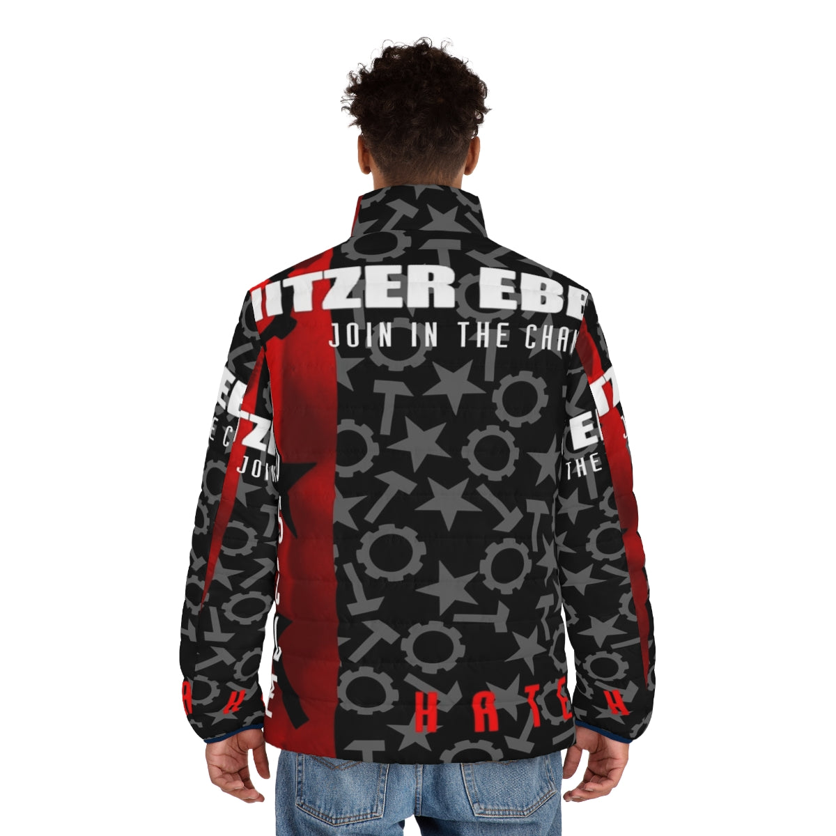 Nitzer Ebb inspired puffer jacket with "Join In The Chant" design - men back