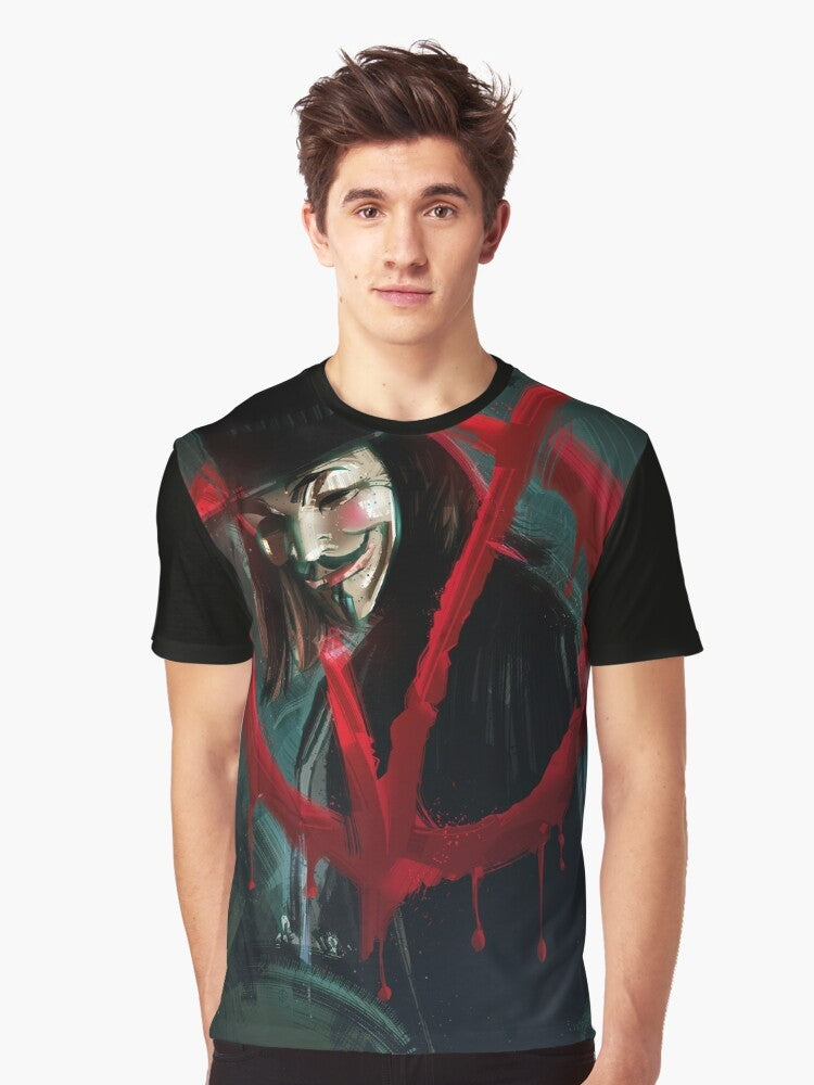 "V for Vendetta" graphic tee featuring the iconic Guy Fawkes mask, a symbol of revolution and activism - Men