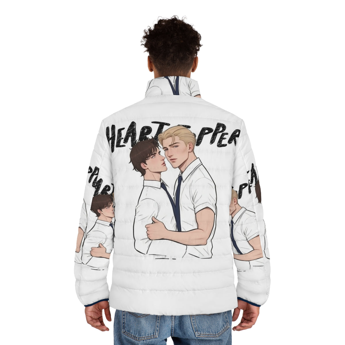 Heartstopper Nick and Charlie inspired puffer jacket featuring the characters from the hit Netflix series - men back