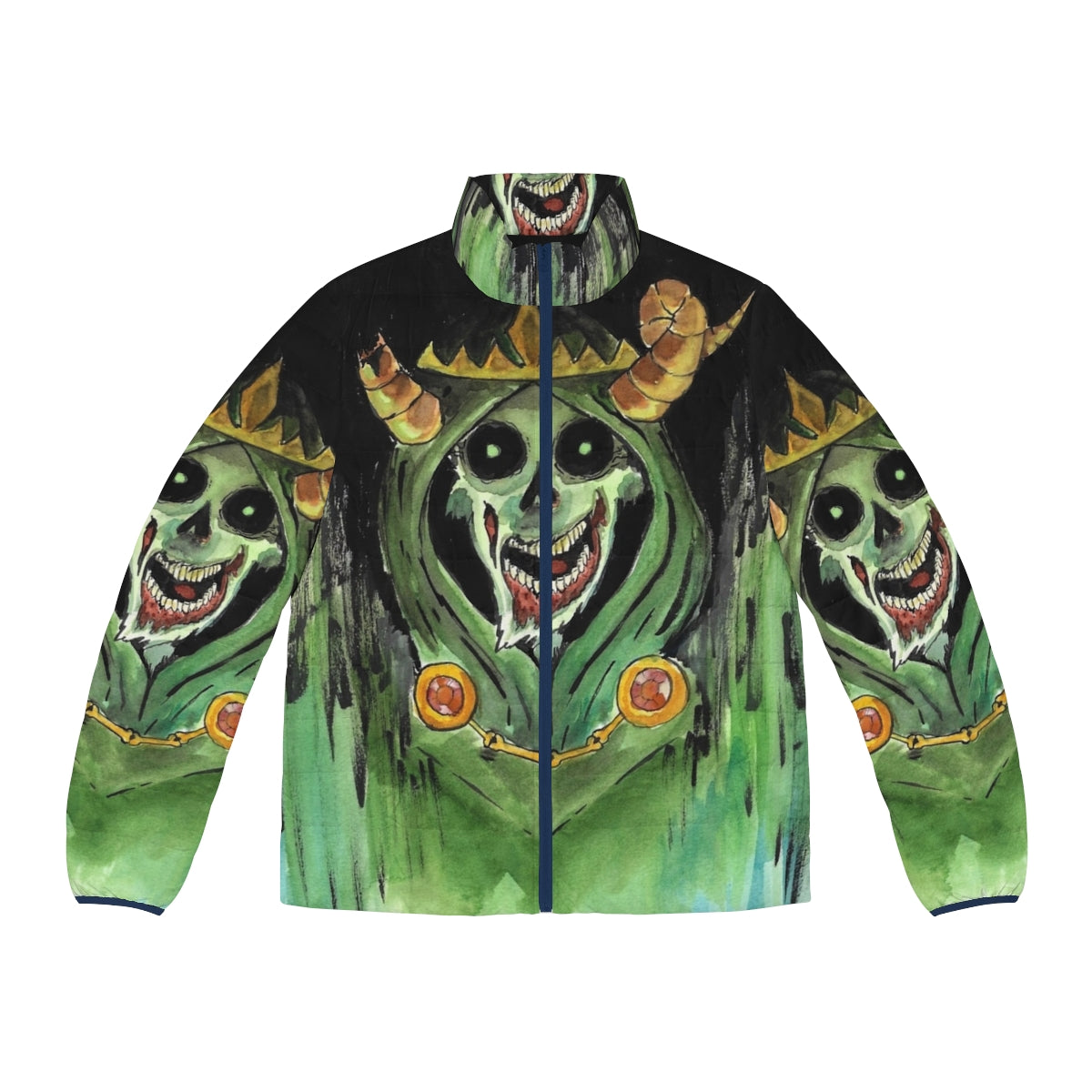 A puffer jacket with a lich or undead skull design, perfect for horror and fantasy enthusiasts