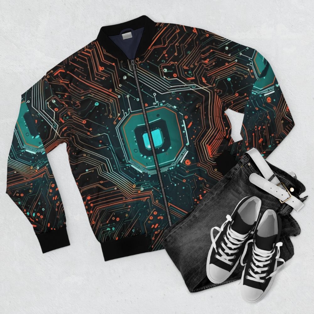 Motherboard Circuit Bomber Jacket - Technology and Electronics Inspired Apparel - Flat lay