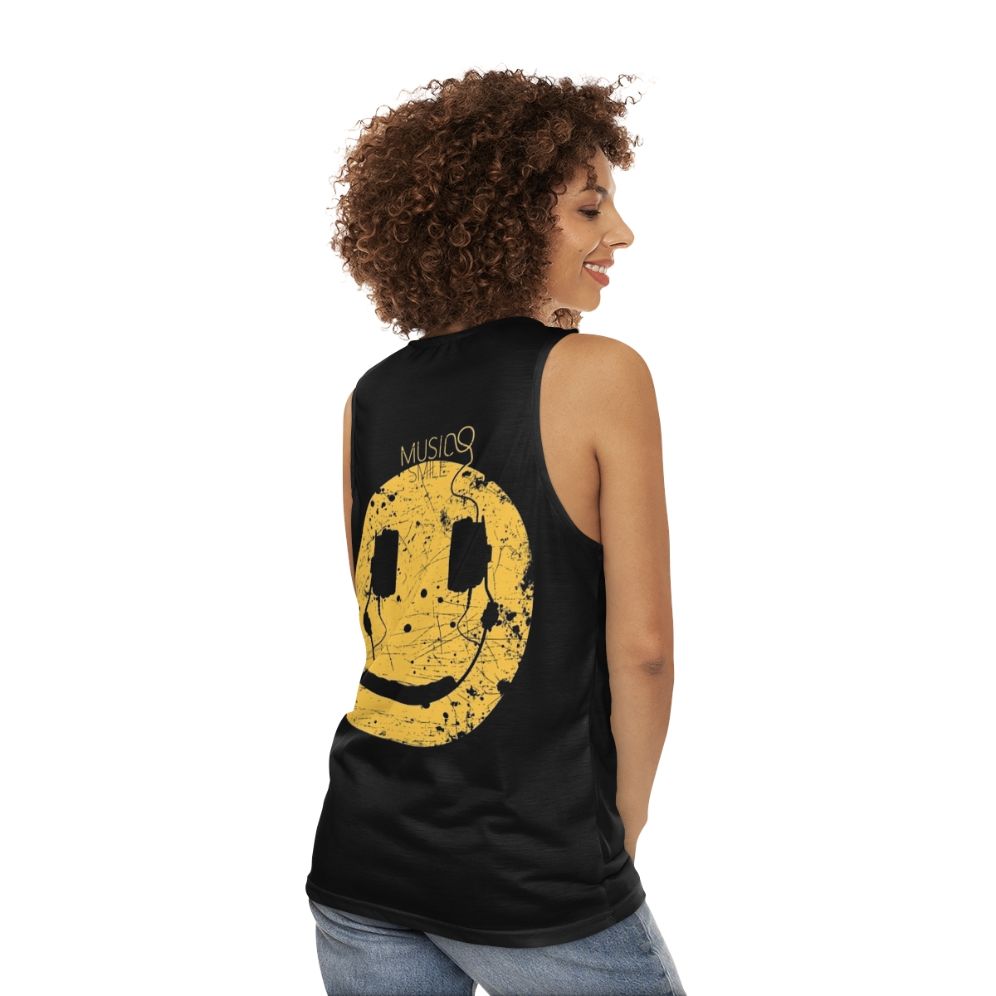 Unisex tank top with abstract music and smile design - women back