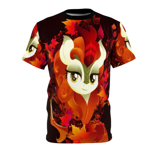 Vibrant digital art illustration of an autumn inspired fantasy creature on a t-shirt