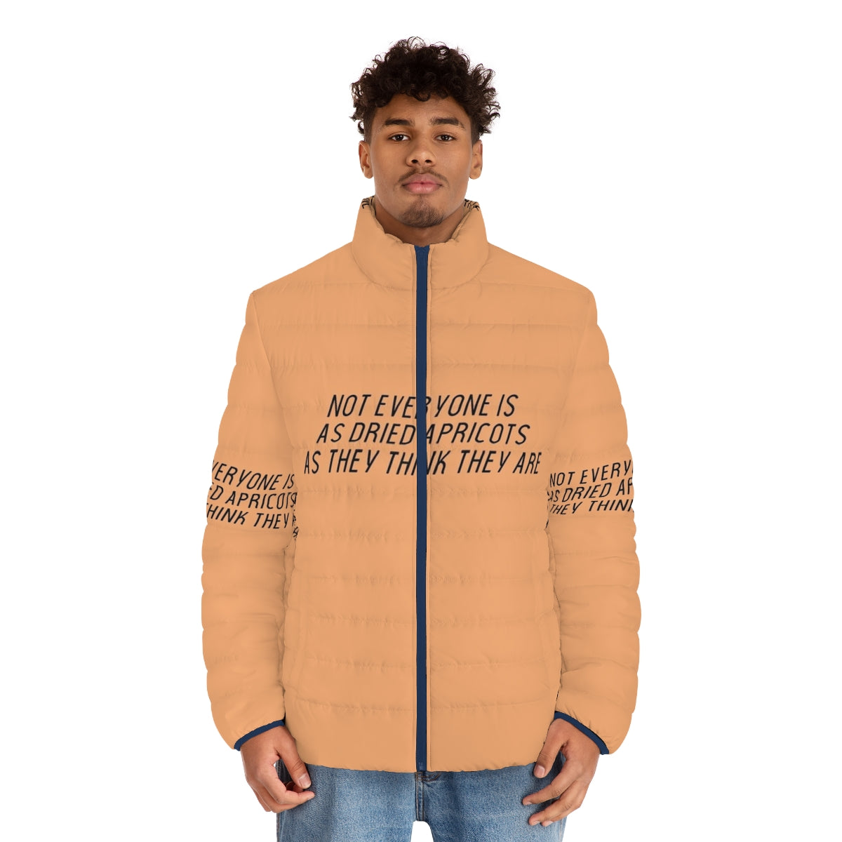 James Acaster's Apricots Puffer Jacket - Surreal Comedy Style with Typography and Minimalist Design - men front