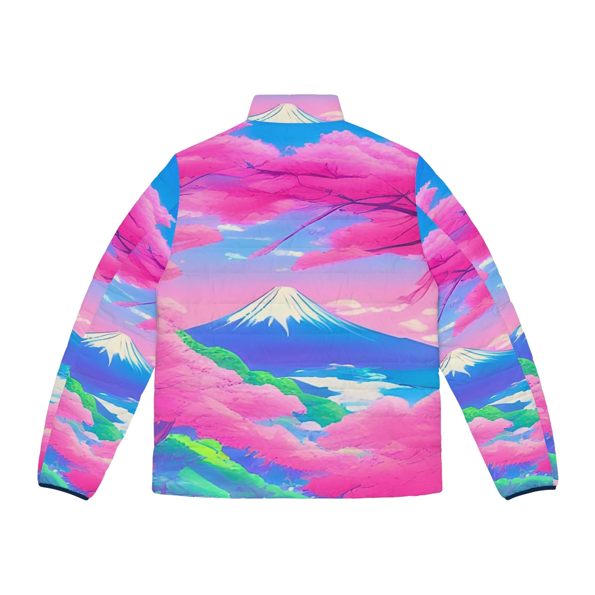 Sakura landscape puffer jacket featuring a vibrant, Japanese-inspired design with cherry blossoms and Mount Fuji - Back