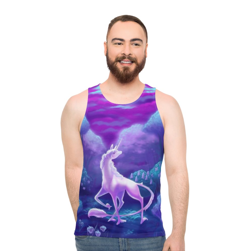 Unisex tank top featuring a minimalist design of the iconic unicorn from 'The Last Unicorn' - men