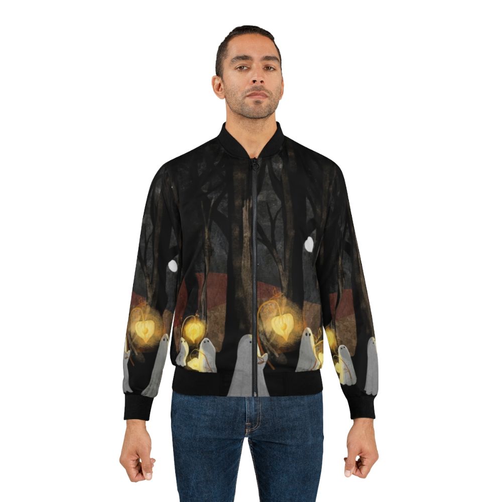 Haunted Ghost Bomber Jacket in a Spooky Forest Landscape with Glowing Lights - Lifestyle