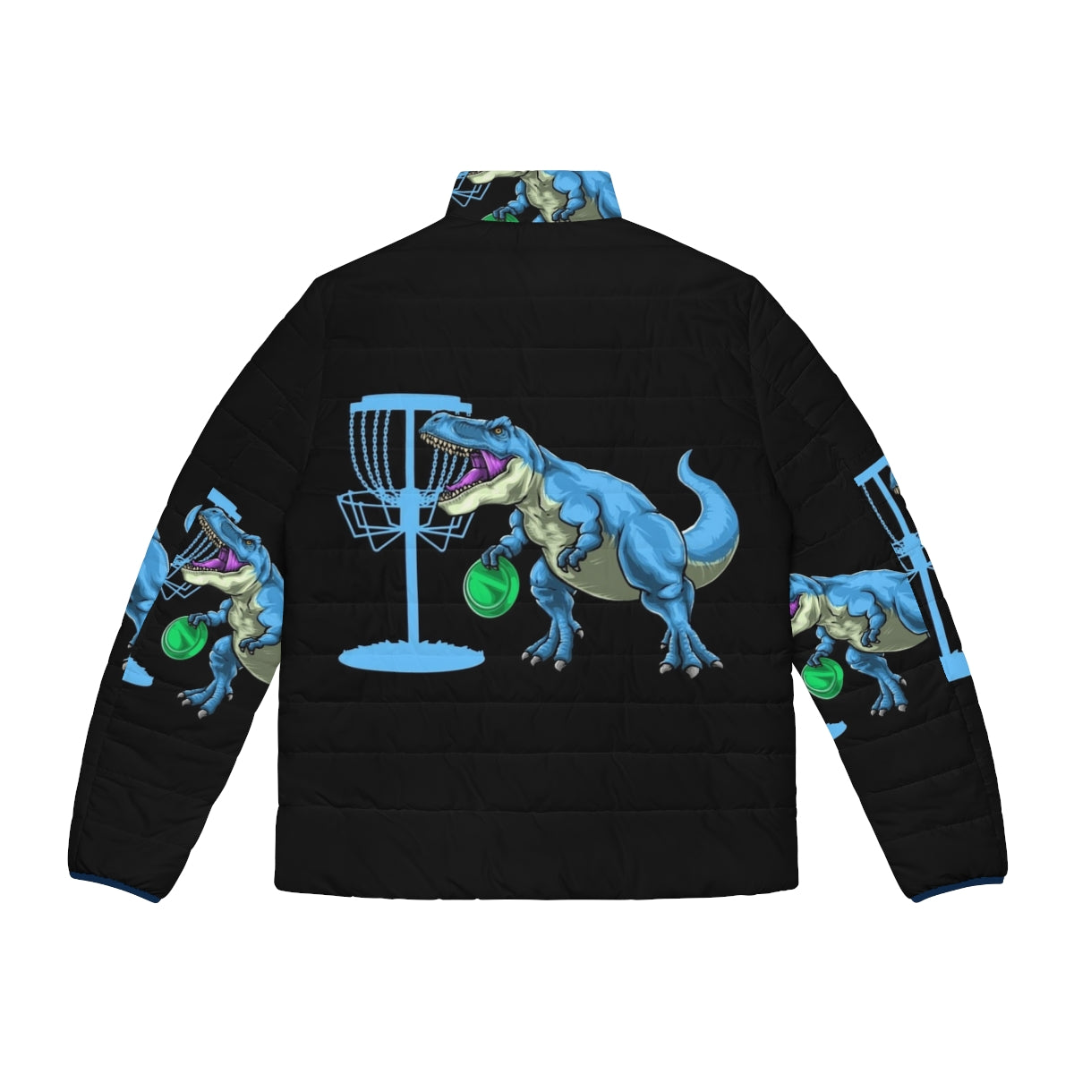 Dinosaur disc golf puffer jacket with t-rex design for disc golfers - Back