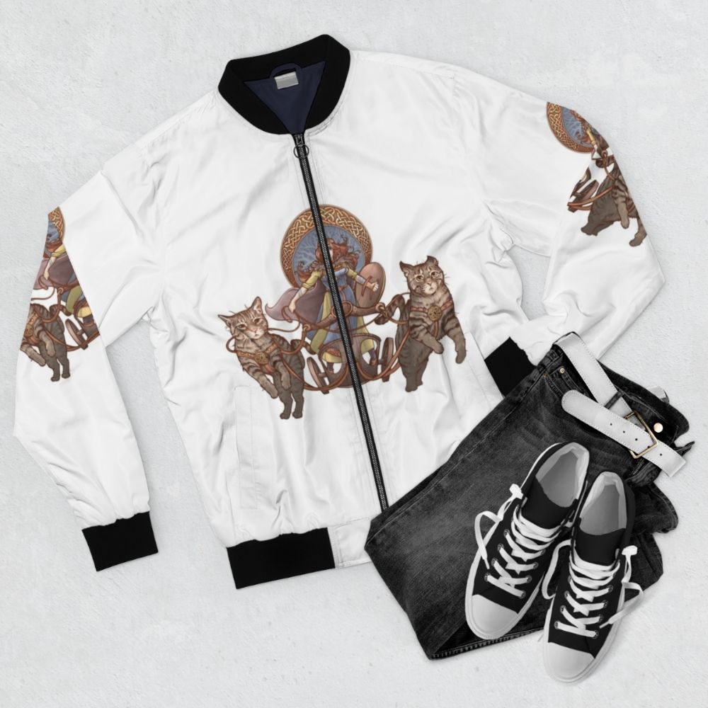 Freya Nordic Goddess Cats Bomber Jacket - Flat lay