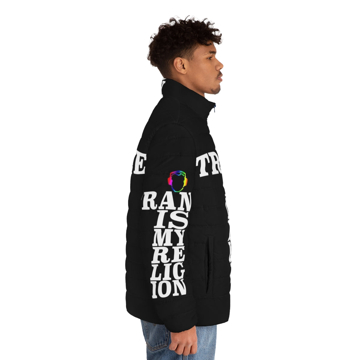 Trance Is My Religion Puffer Jacket featuring electronic dance music symbols and artists - men side right