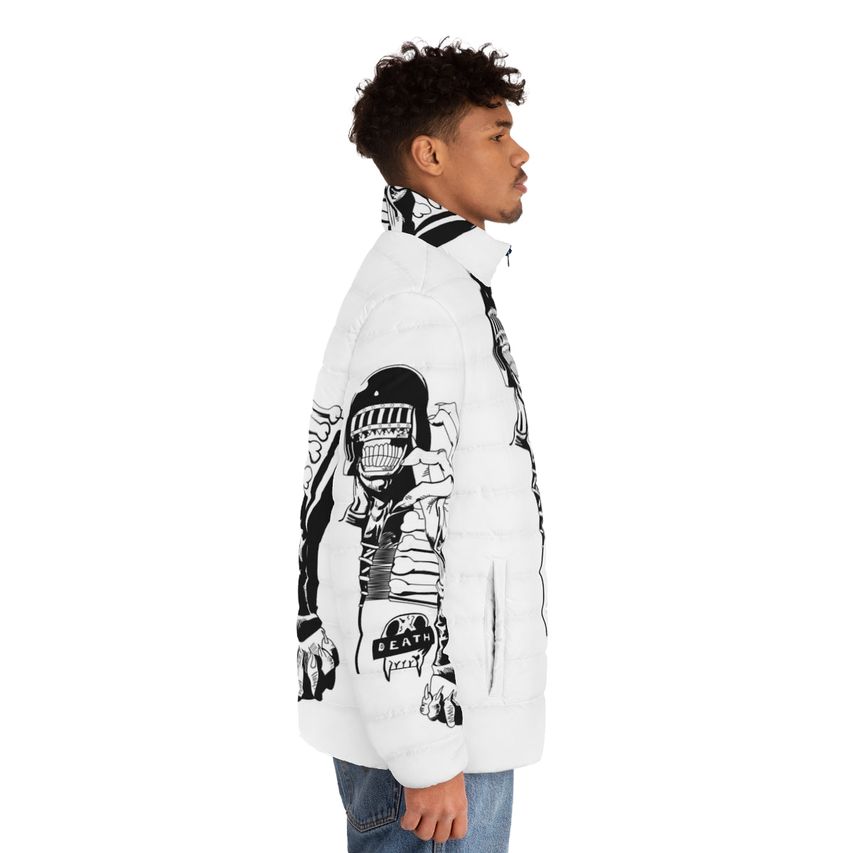 Judge Death 2000AD Puffer Jacket featuring the iconic villain from the Judge Dredd comics - men side right