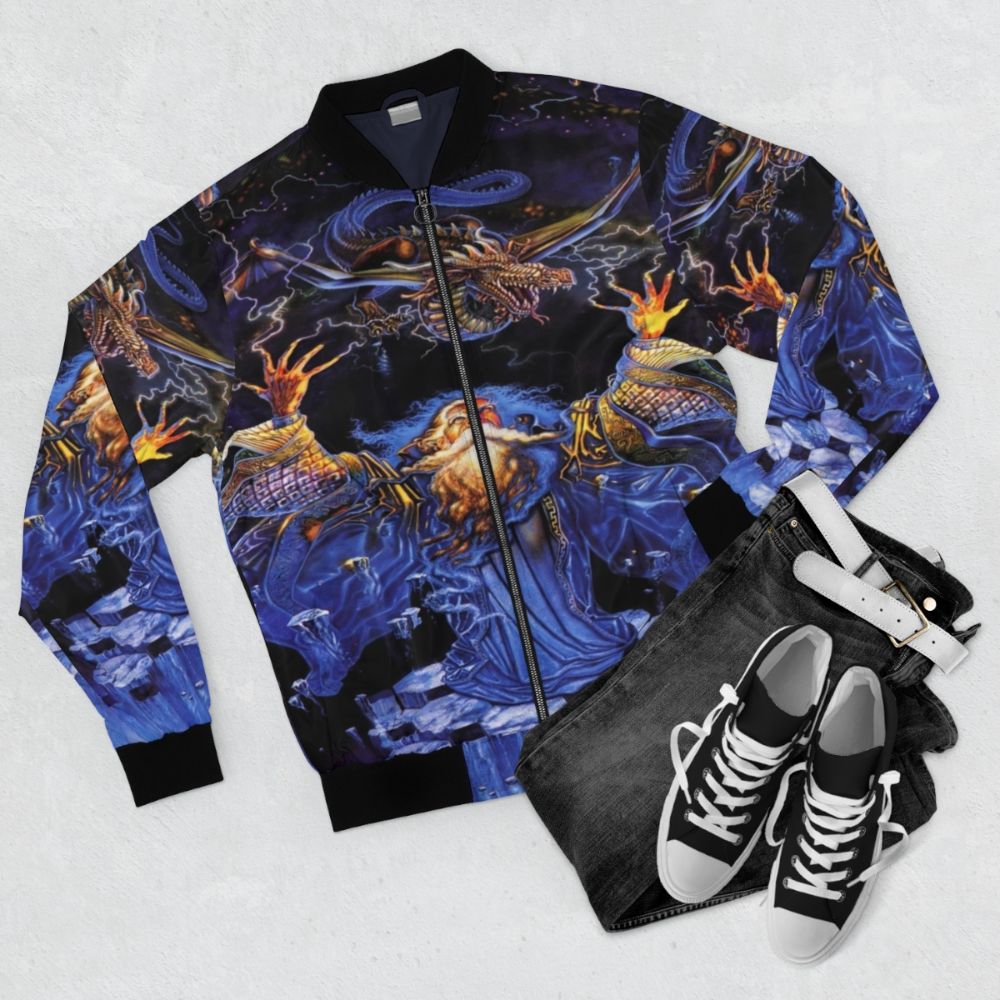 Magical dragon and wizard graphic bomber jacket - Flat lay