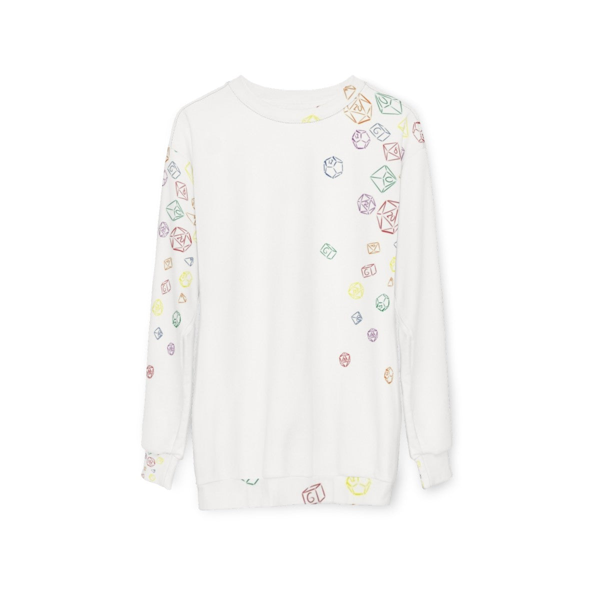 Colorful sweatshirt with a vibrant dice pattern design - hanging