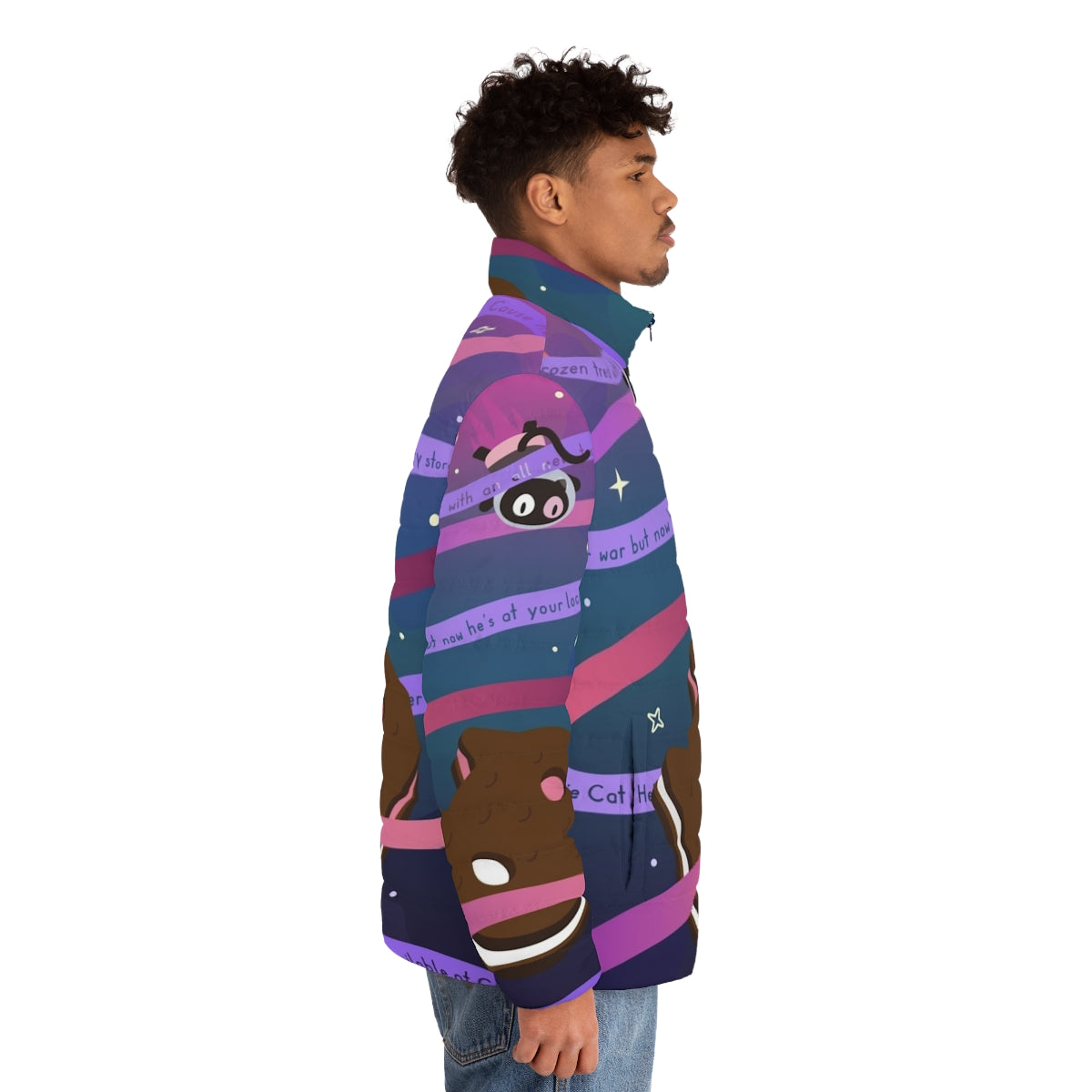 Cookie Cat Puffer Jacket featuring the iconic ice cream sandwich character from the Steven Universe cartoon series - men side right