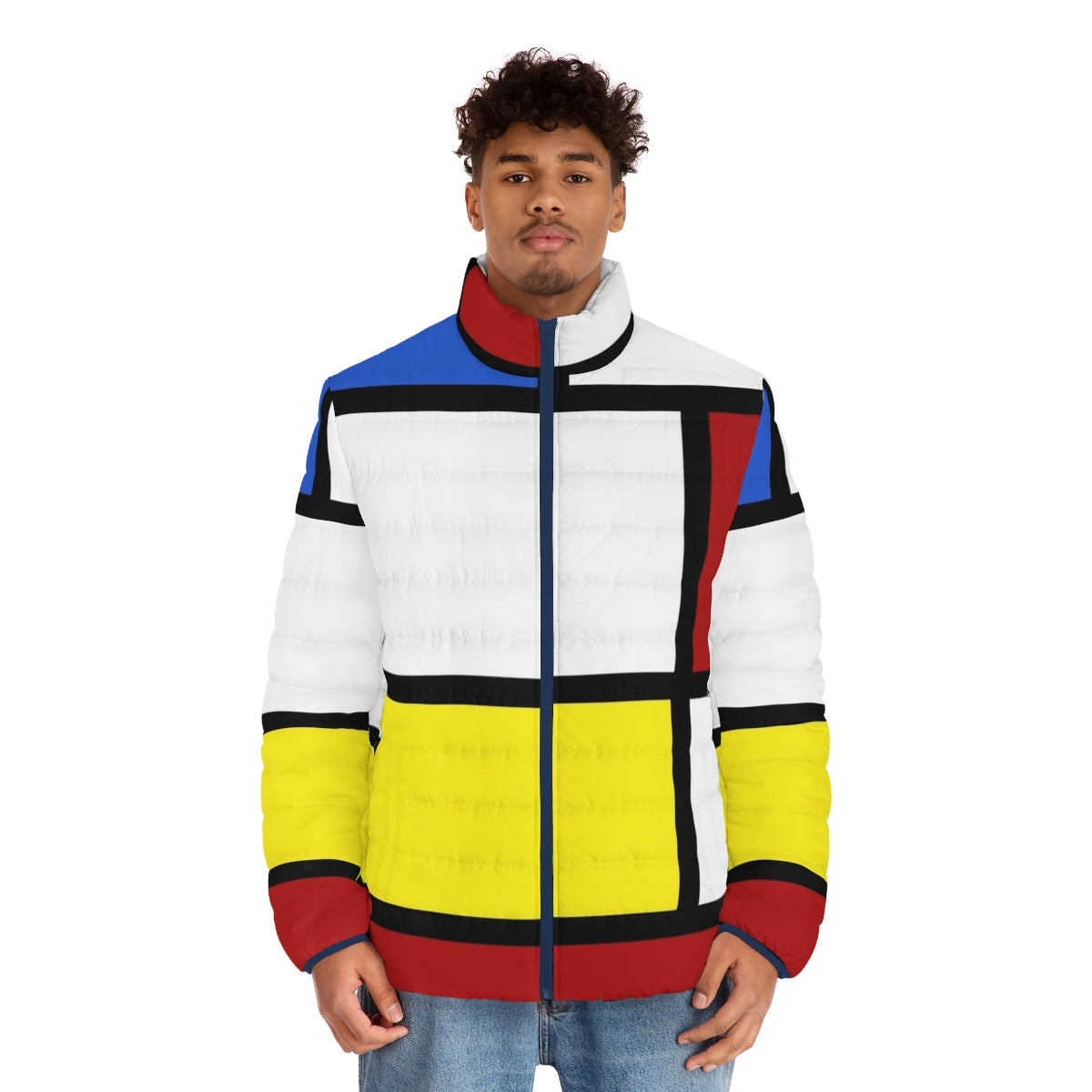 Retro 60s mod style puffer jacket with box pattern in red, white and blue colors - men front