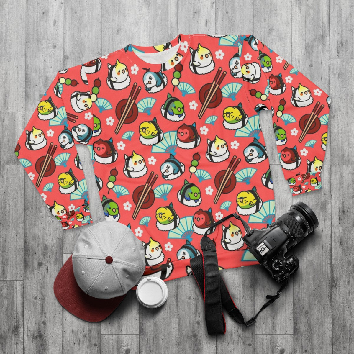 Colorful sushi time sweatshirt with Cody the lovebird - flat lay