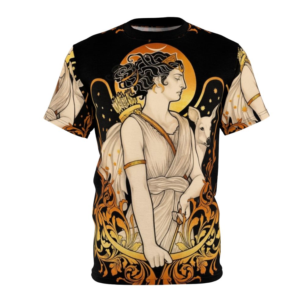 Artistic t-shirt design featuring the Greek goddess Artemis, the powerful goddess of the hunt, with crescent moon, stars, and nature elements.