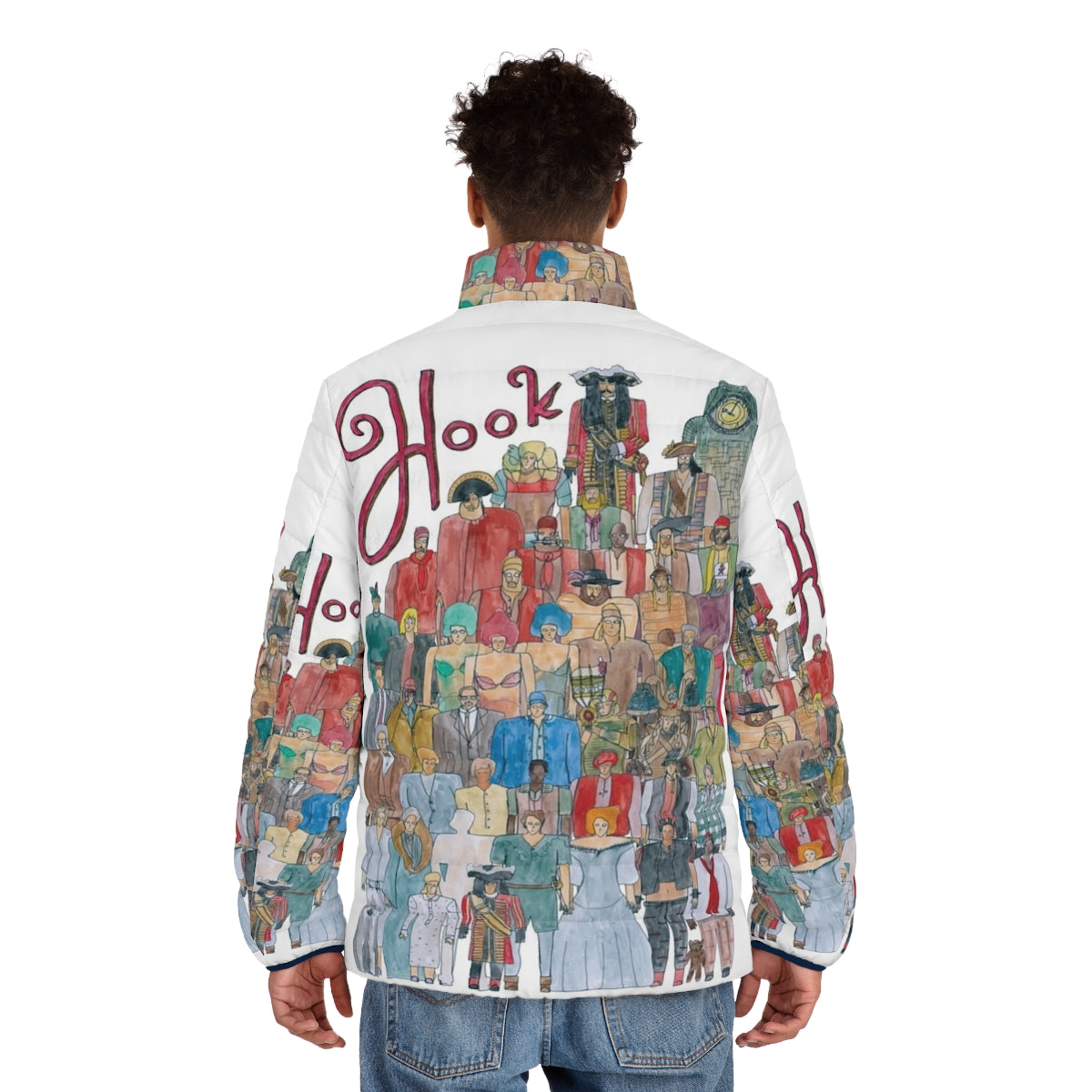 Hook Team Illustration Puffer Jacket featuring characters from the Peter Pan movie - men back