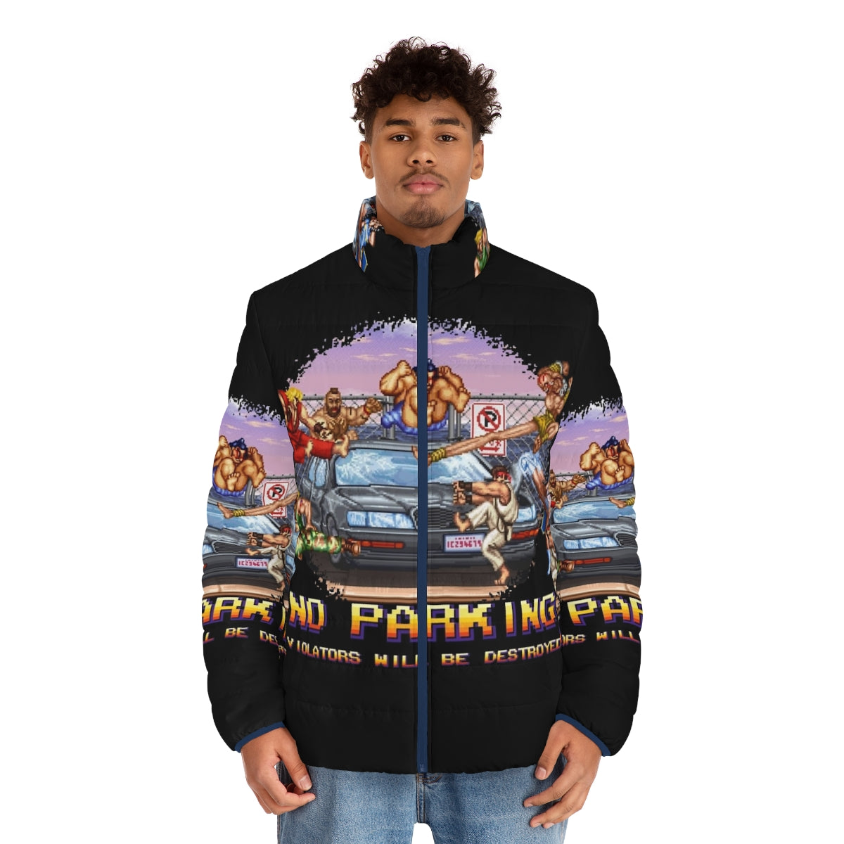 Retro 8-bit pixel art puffer jacket with "No Parking Violators Will Be Destroyed" text - men front