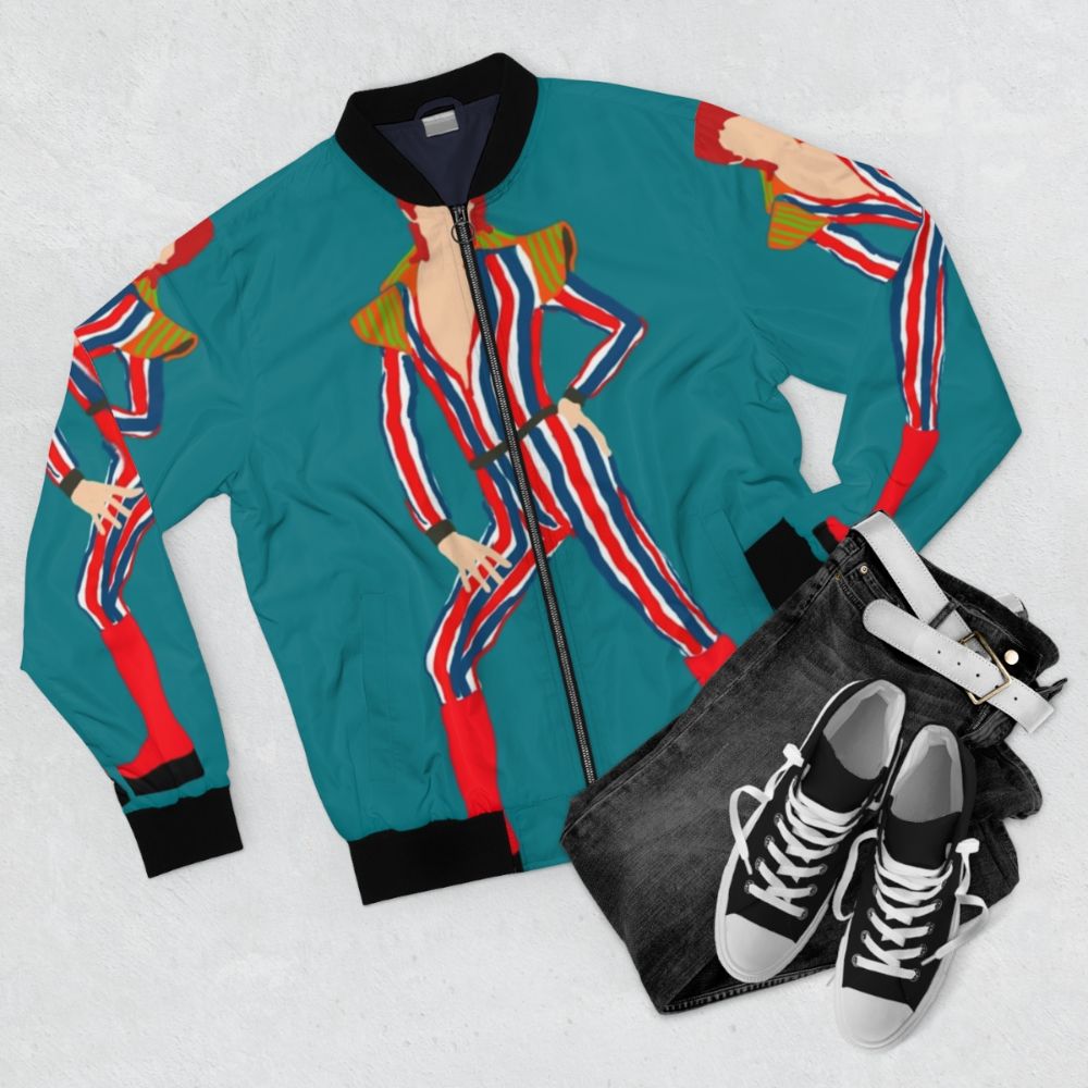 Ziggy Stardust inspired bomber jacket with stripes and zigzag pattern - Flat lay