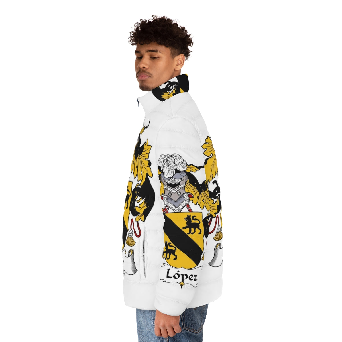 Lopez Coat of Arms Family Crest Puffer Jacket featuring a Spanish heritage design - men side left