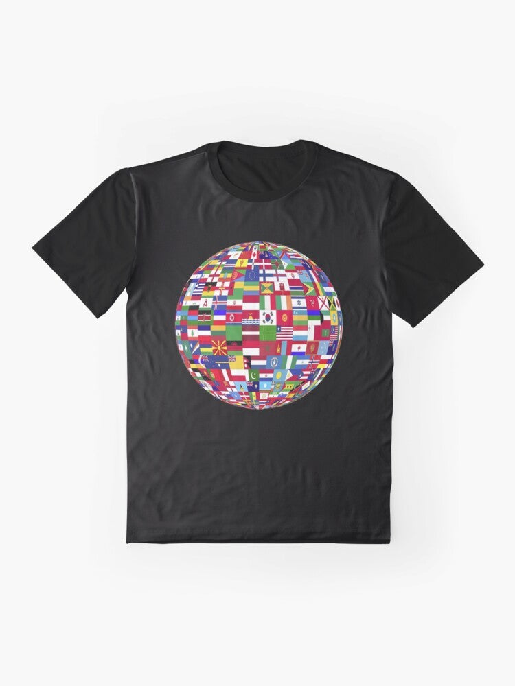 A graphic t-shirt featuring a one globe design representing global unity and world peace. - Flat lay