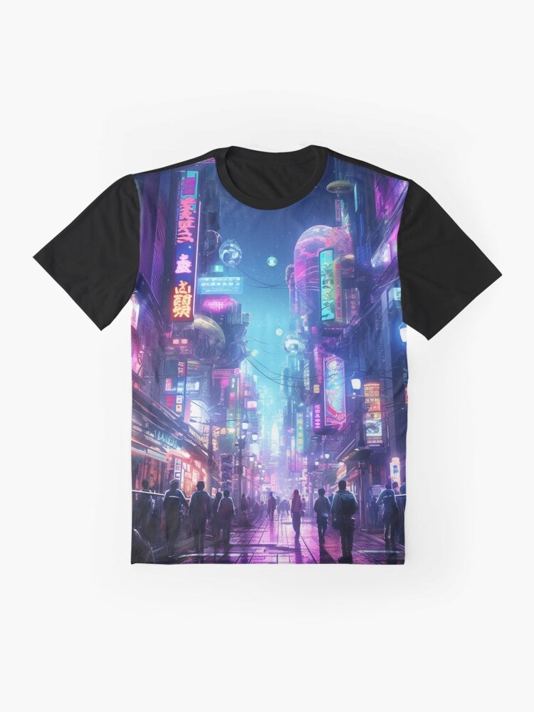 Futuristic cyberpunk-inspired graphic t-shirt featuring a neon cityscape of Tokyo, Japan. - Flat lay