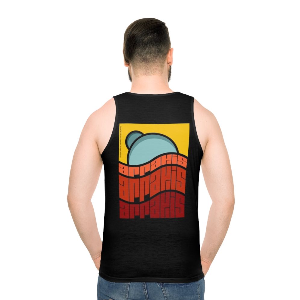 Dune movie inspired unisex tank top with Arrakis poster design - men back