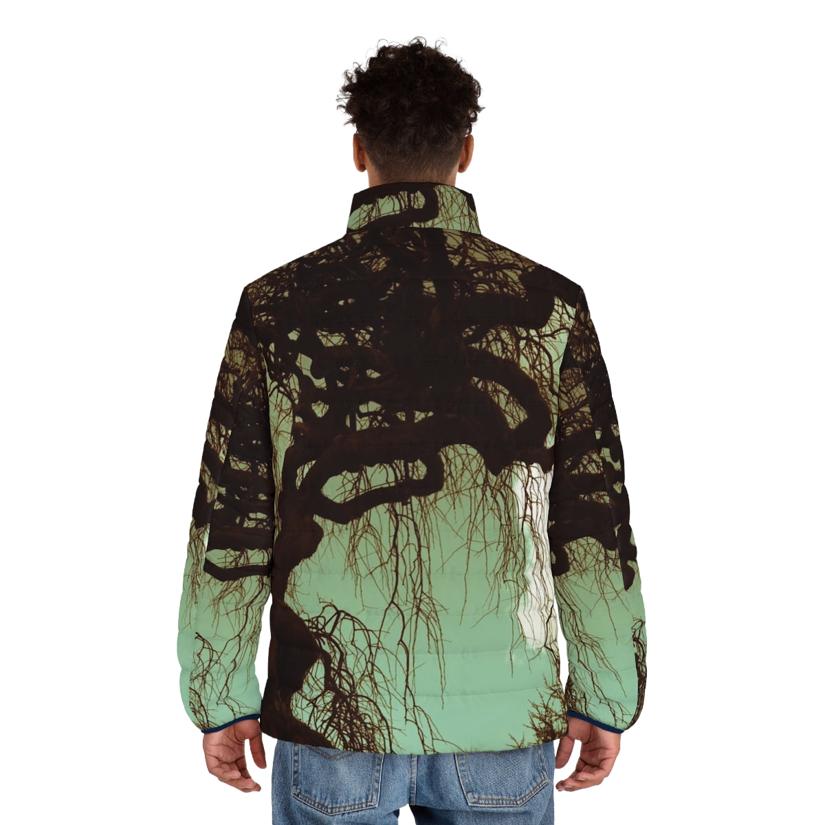 A cozy puffer jacket in a scenic nature landscape - men back