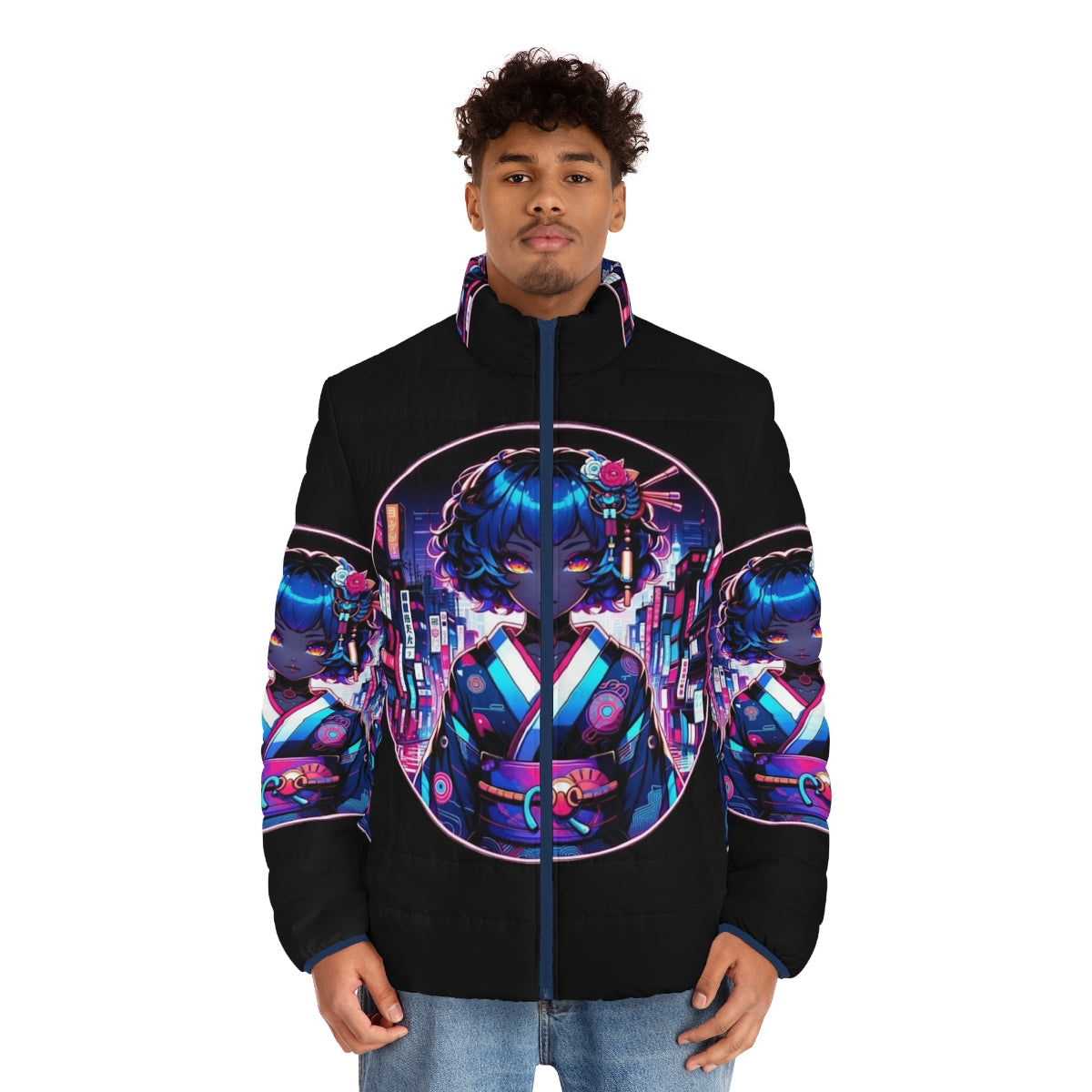 Cyber Geisha Dreams Puffer Jacket with Neon Accents and Futuristic Design - men front