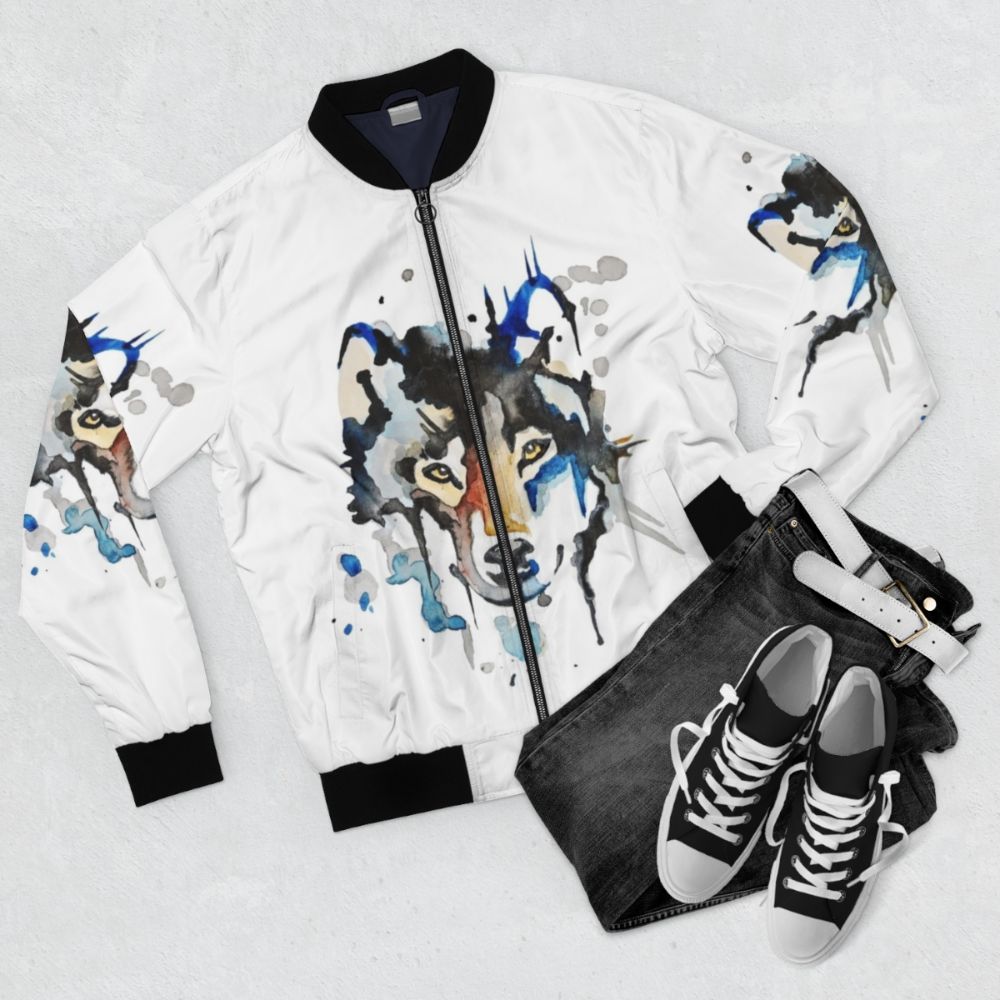 Watercolor wolf design on a bomber jacket with abstract realism style - Flat lay