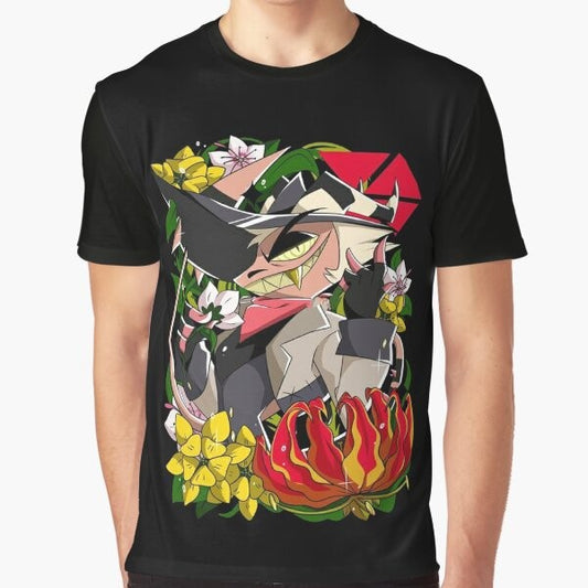 A graphic t-shirt featuring the character Striker from the popular anime/manga series Helluva Boss.