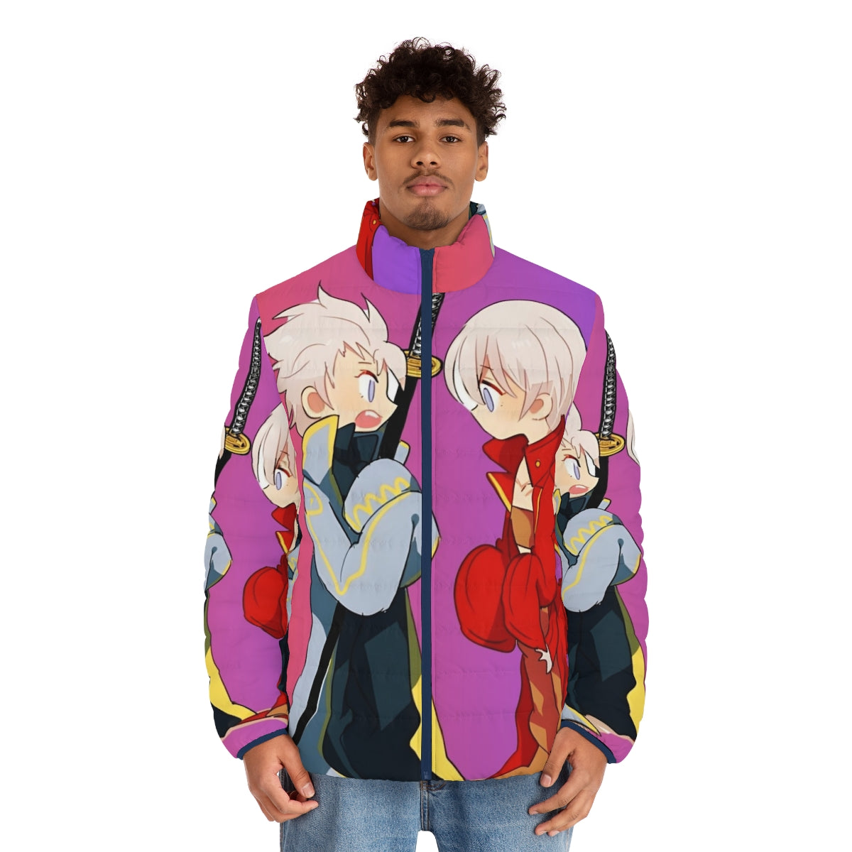 Devil May Cry 5 inspired puffer jacket featuring Dante and Vergil - men front