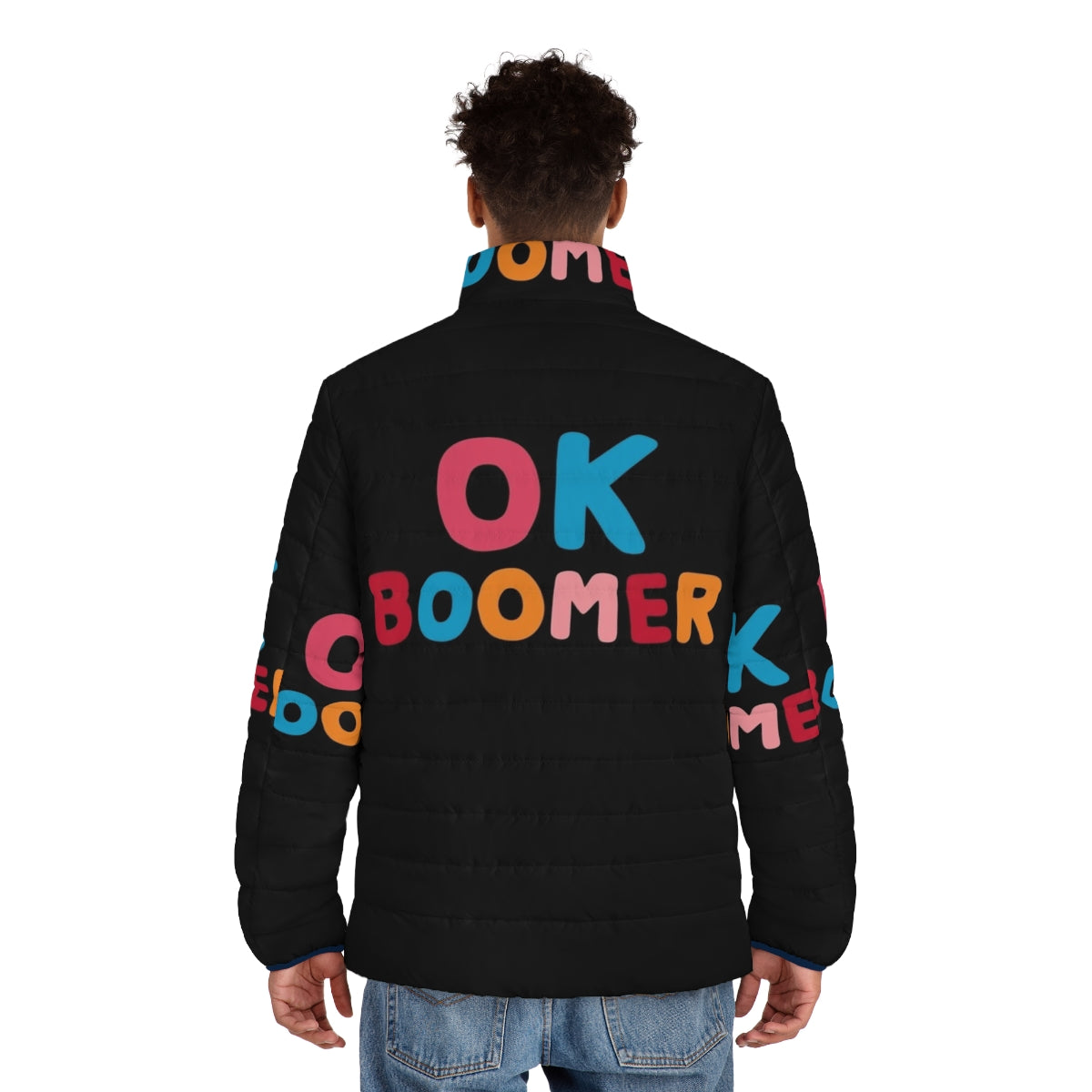 A vibrant "Ok Boomer" puffer jacket featuring bold typography and colorful graphic prints. - men back