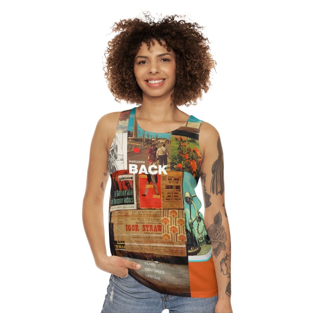 Retro-inspired unisex tank top with collage design - women