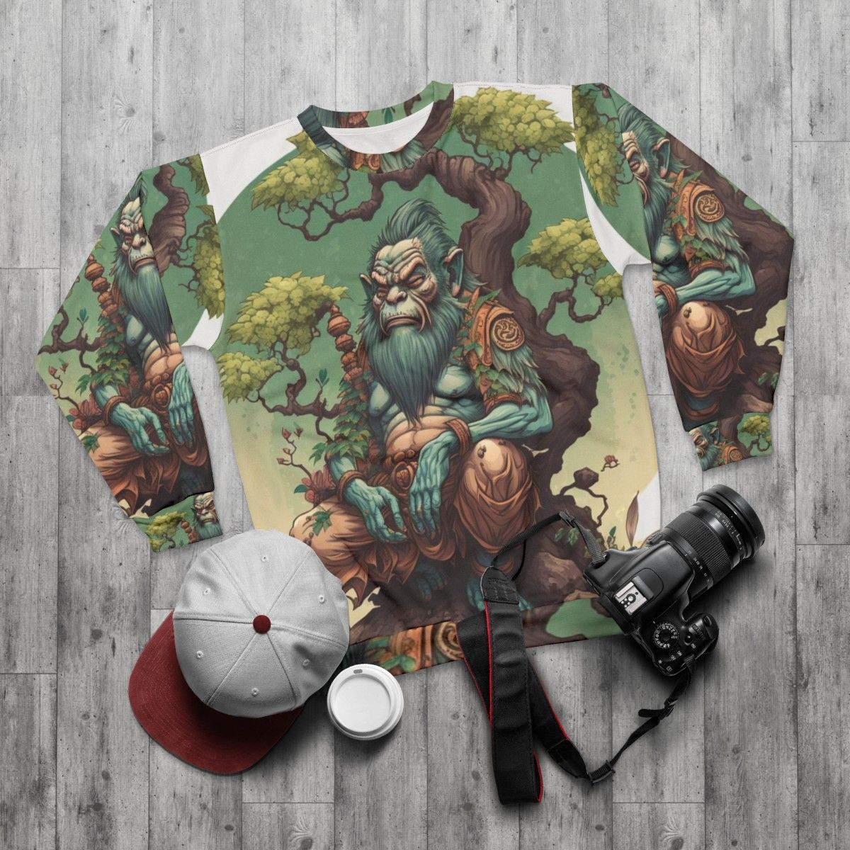 Legendary Ape Sweatshirt featuring a mythical primate design - flat lay